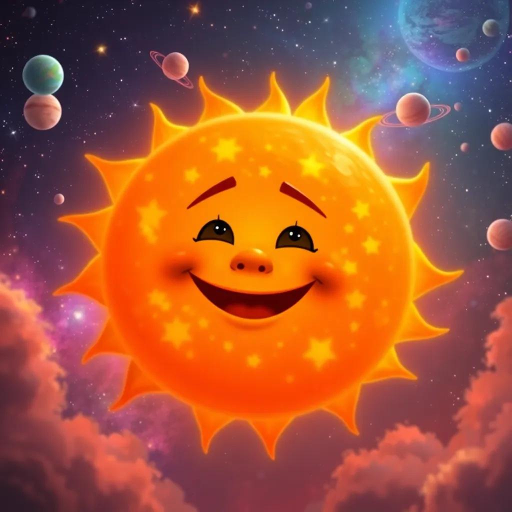 The sun depicted as a giant fiery ball, radiating light and warmth, greeting Ryan with a cheerful expression, surrounded by a colorful space backdrop filled with stars and planets, digital painting, vibrant colors, friendly, highly detailed, high quality