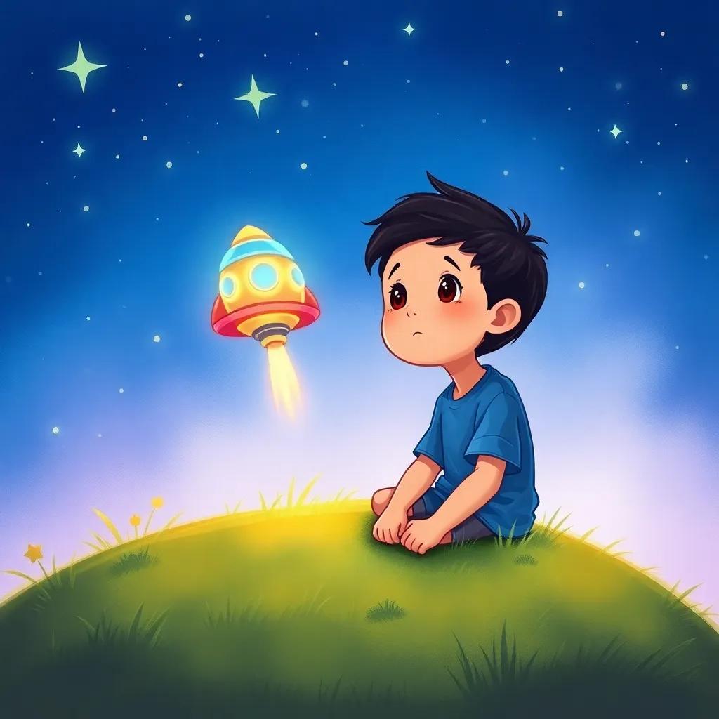 A young boy, Sami, with short black hair, wearing a blue shirt, sitting on a grassy hill under a starry night sky, gazing up at a colorful spaceship, digital art, whimsical, vibrant colors, magical atmosphere, high quality