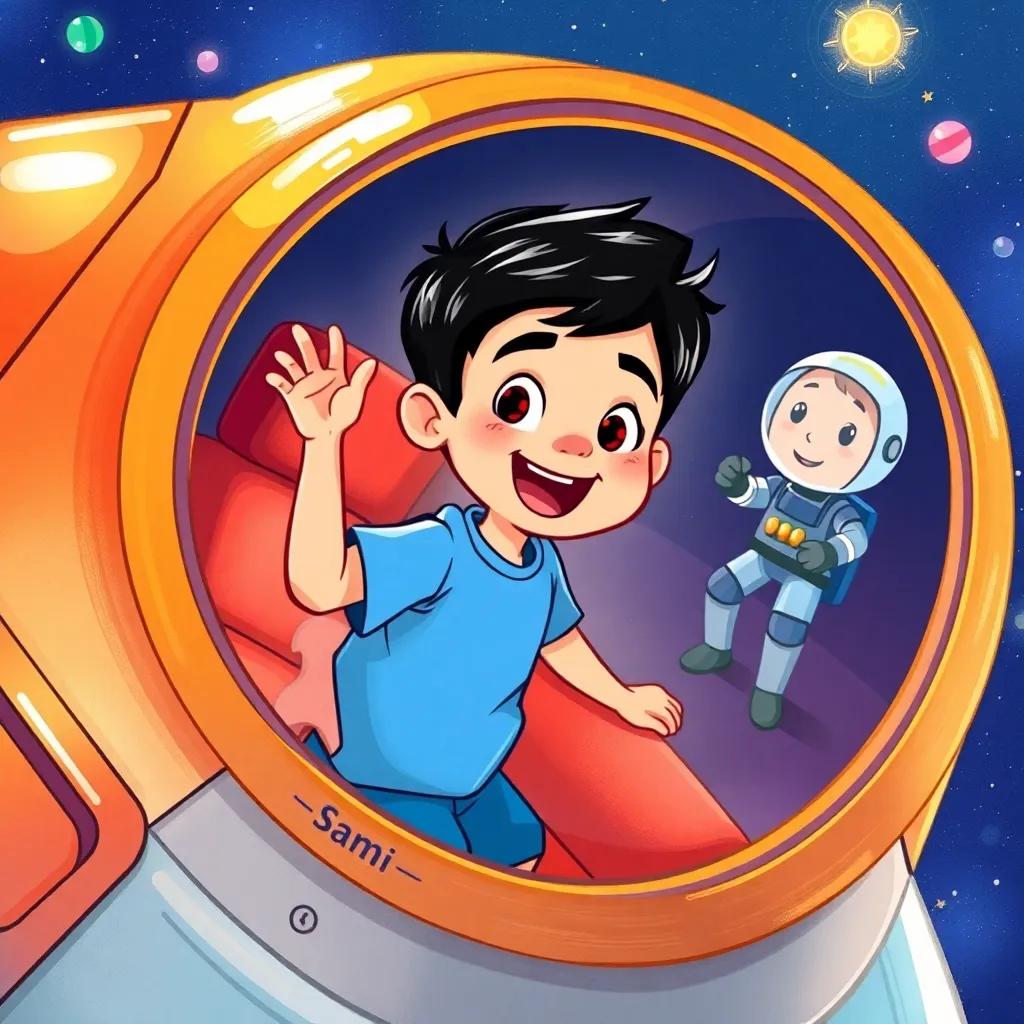 Sami, a young boy with short black hair, wearing a blue shirt, excitedly climbing aboard a shiny spaceship with a smiling astronaut, bright and colorful space background, illustration, cheerful, adventure-themed, child-friendly