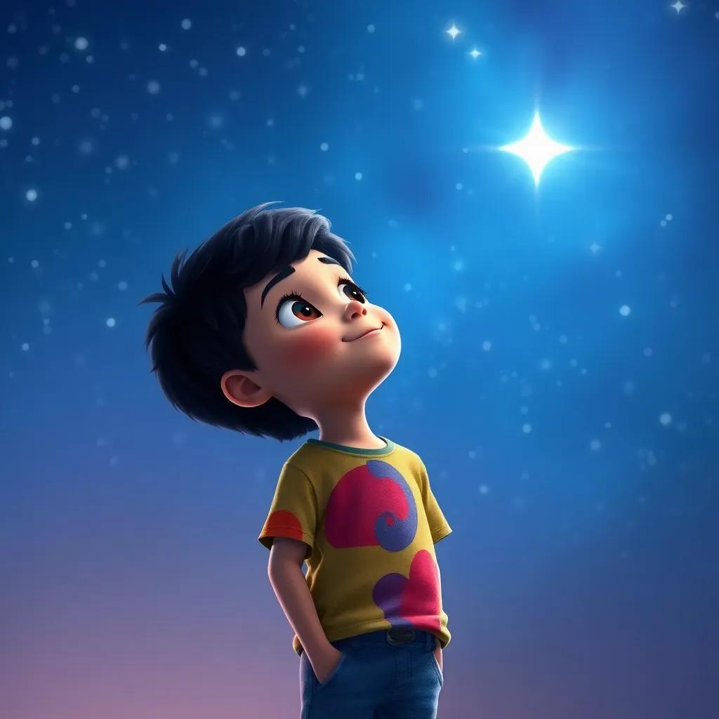 A small boy, Sami, with short black hair, wearing a colorful t-shirt and jeans, looking up at a twinkling star in the night sky, with wonder in his eyes, digital art, vibrant colors, dreamy atmosphere, high quality