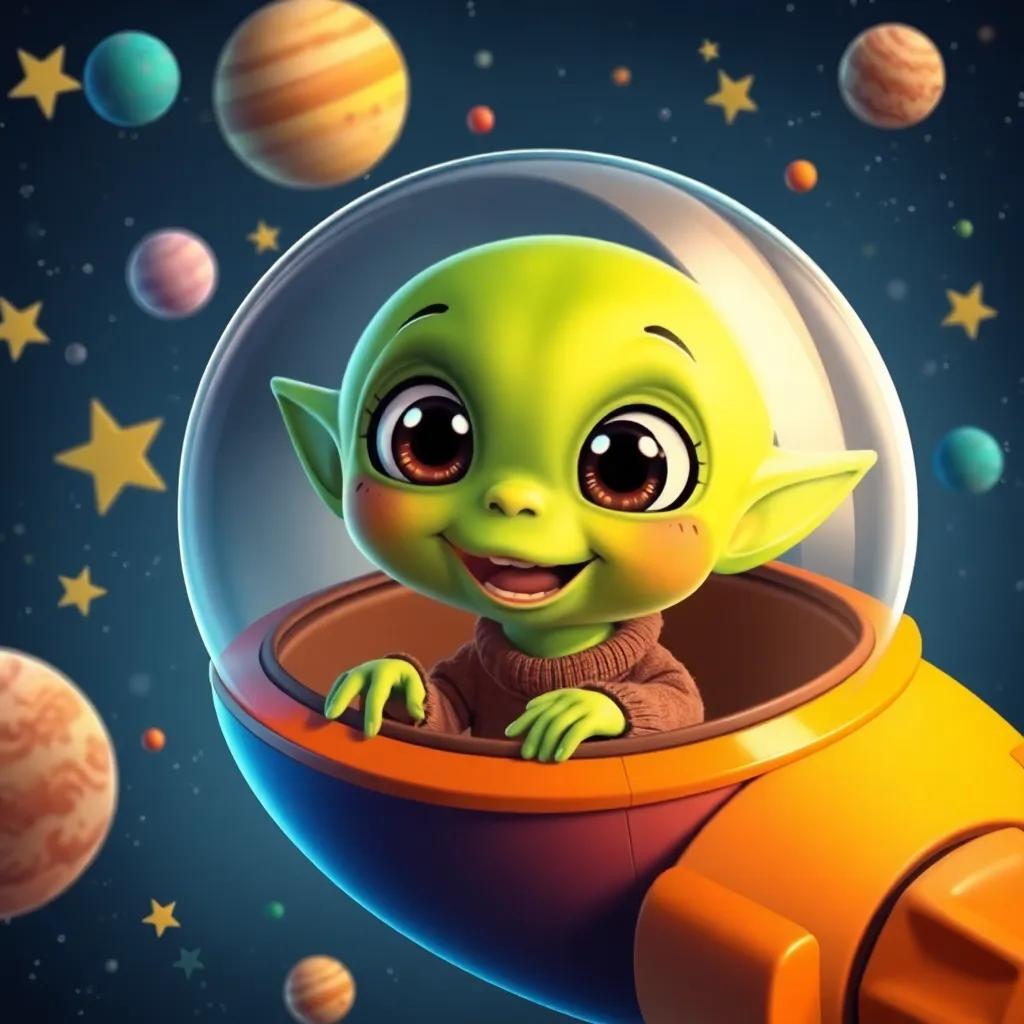 A cute alien, Zuzu, with big eyes and green skin, inside a small flying spaceship, smiling and inviting Sami, surrounded by stars and planets, joyful theme, bright colors, high quality