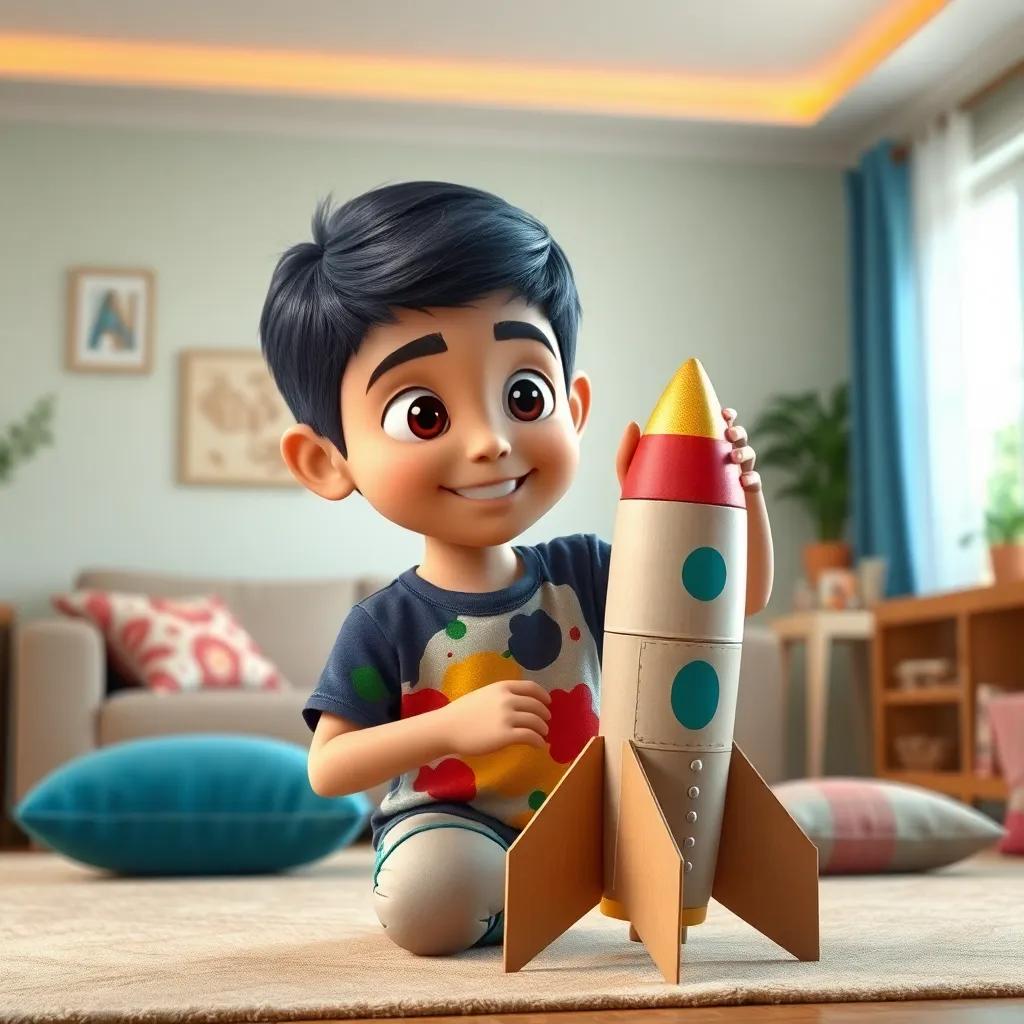A young Arab boy, Zaid, with short black hair and wearing a colorful t-shirt, building a rocket with cardboard boxes and cushions in the living room, cheerful atmosphere, bright colors, child-friendly, creative angle, high quality