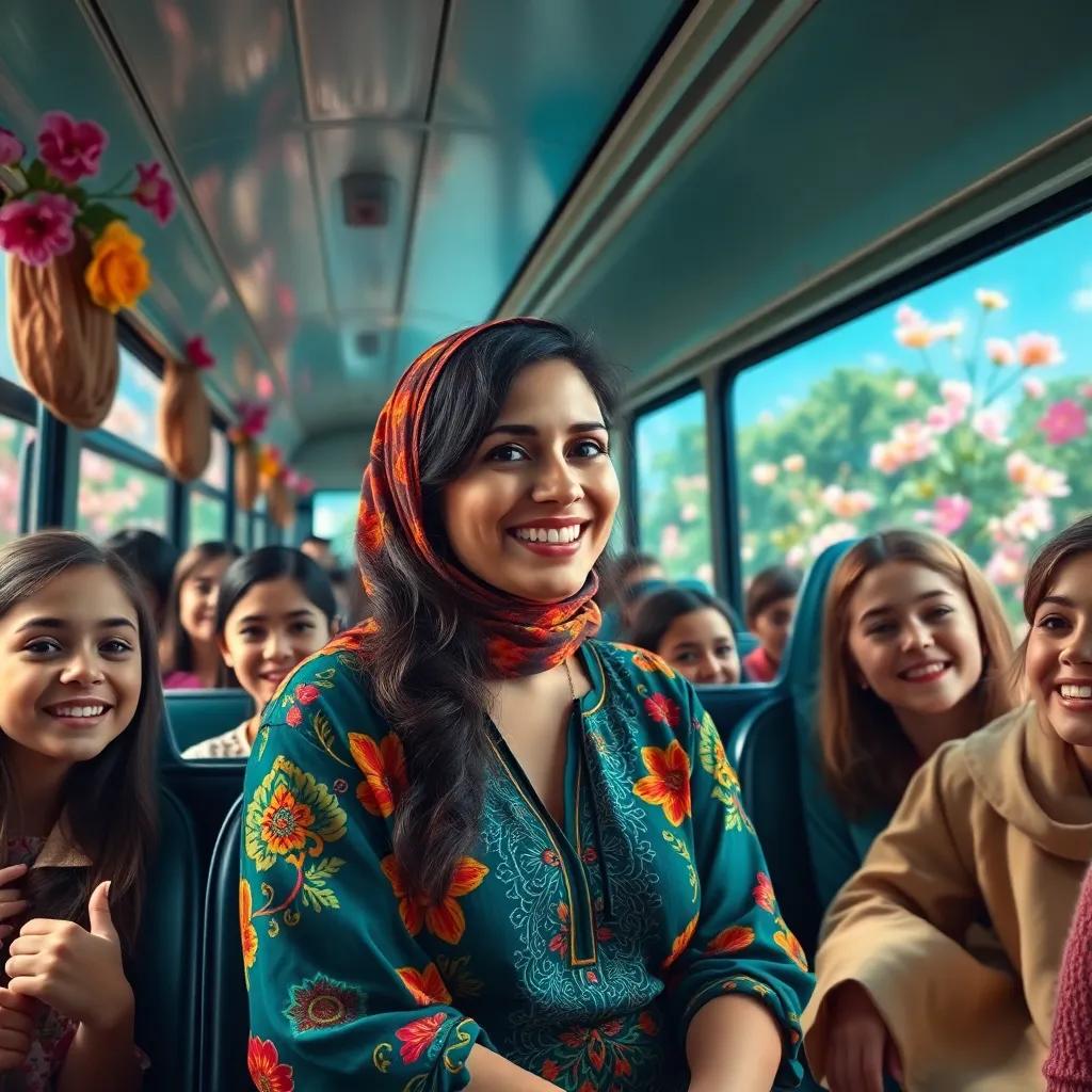 A smiling teacher, Dina, a Middle-Eastern woman, wearing a colorful dress, sitting on a bus full of excited young girls, blooming flowers outside the window, bright colors, cheerful atmosphere, high quality
