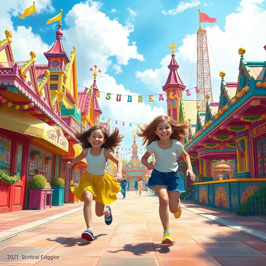 Excited girls running into a vibrant amusement center in a colorful village, with colorful carnival rides and decorations, sunny weather, lively and joyful, digital art, bright colors, fun ambiance, high quality
