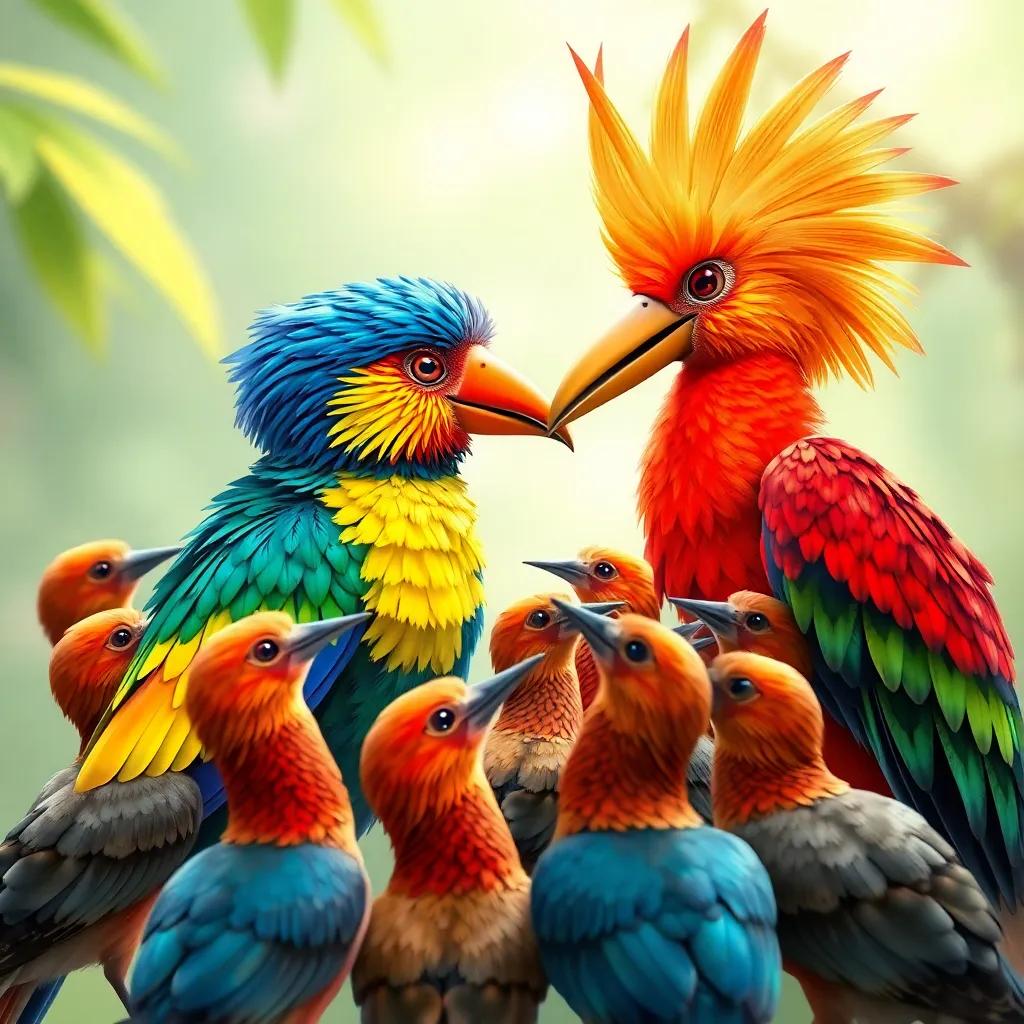 A colorful bird, Umm Salem, with bright feathers, alongside a beautiful hoopoe, birds gathered around discussing a small problem, friendly atmosphere, digital art, detailed, vibrant colors