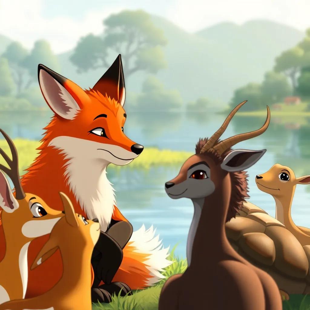 A wise fox thinking deeply, surrounded by animals near the lake, animals including a gazelle and a turtle looking up, brainstorming together, cooperative spirit, cartoonish, bright colors
