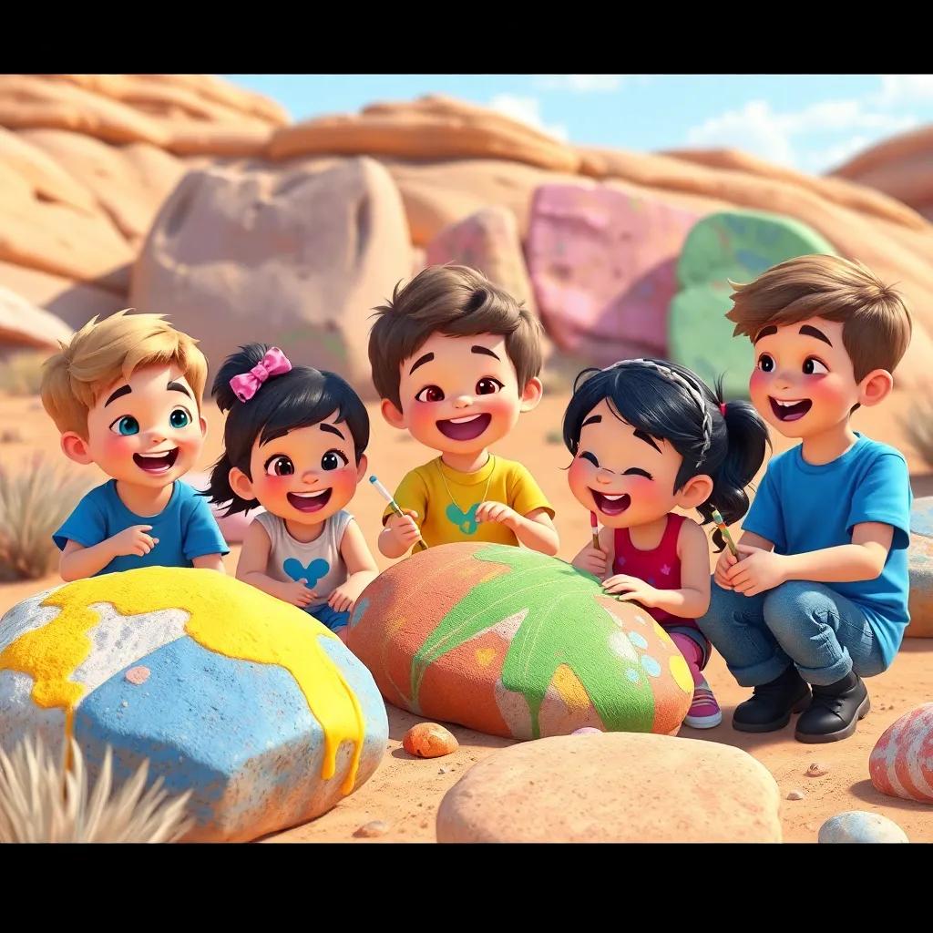 Children painting colorful rocks with bright paint, happy faces, singing while working, enhancing a desert reserve, cheerful atmosphere, sunny day, engaging scene