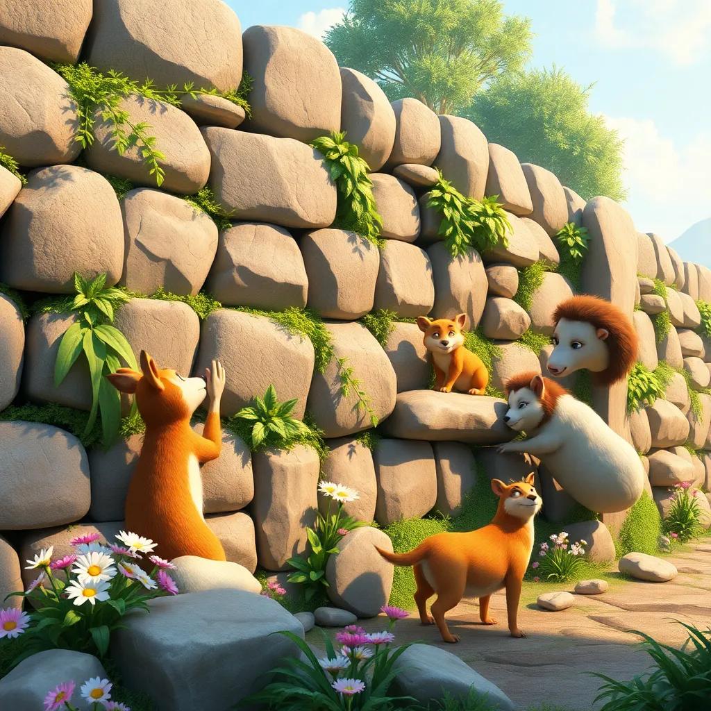A group of animals fixing a big wall around the reserve, placing big stones and flowering plants together, collaborative scene, nurturing vibes, colorful