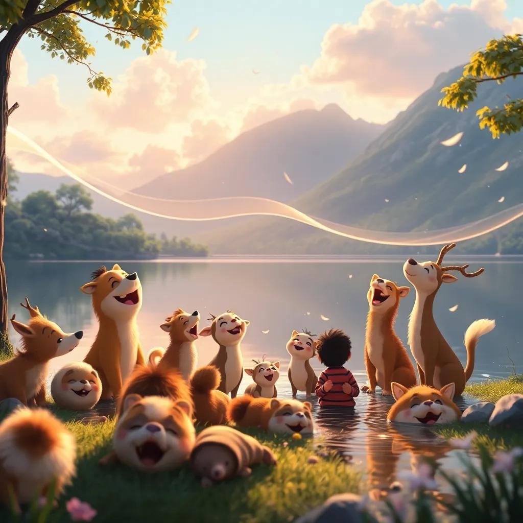 The gentle breeze flowing around the lake, animals gathering and singing happily, joyous expressions, beautiful scenery, soft lighting, heartwarming scene