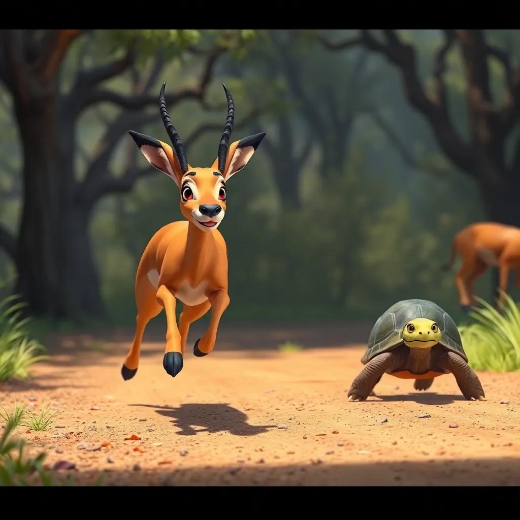 The start of a beautiful race in the reserve, a gazelle sprinting with determination, a turtle taking its time, suspenseful but fun atmosphere, lively environment
