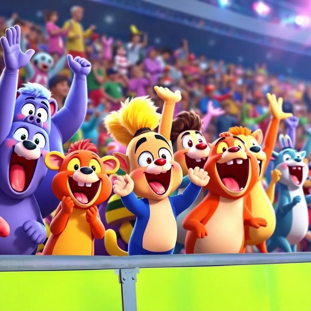 Excited animals cheering for their friends during the race, colorful creatures with various expressions, dynamic scene, vibrant energy