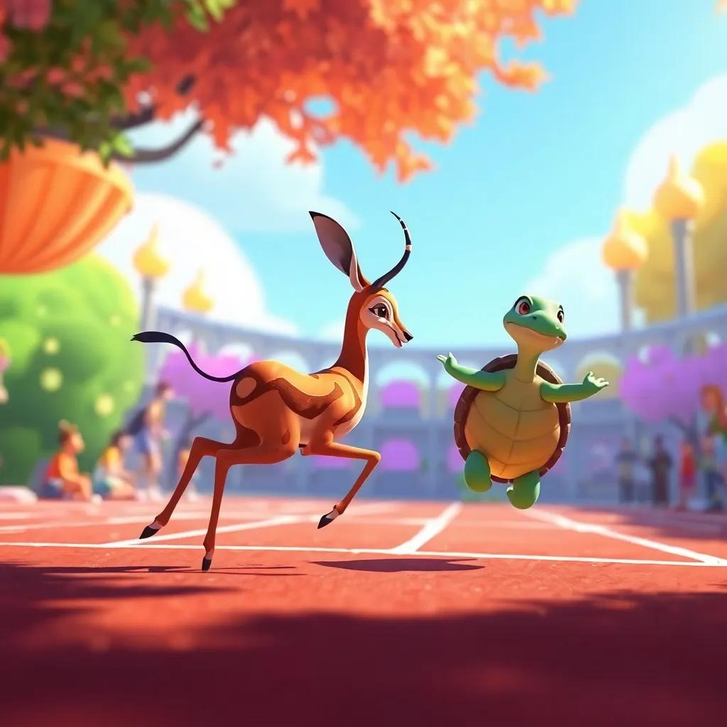 The gazelle winning the race, turning to look back at her friend the turtle, joyful celebration among friends, colorful setting, uplifting atmosphere