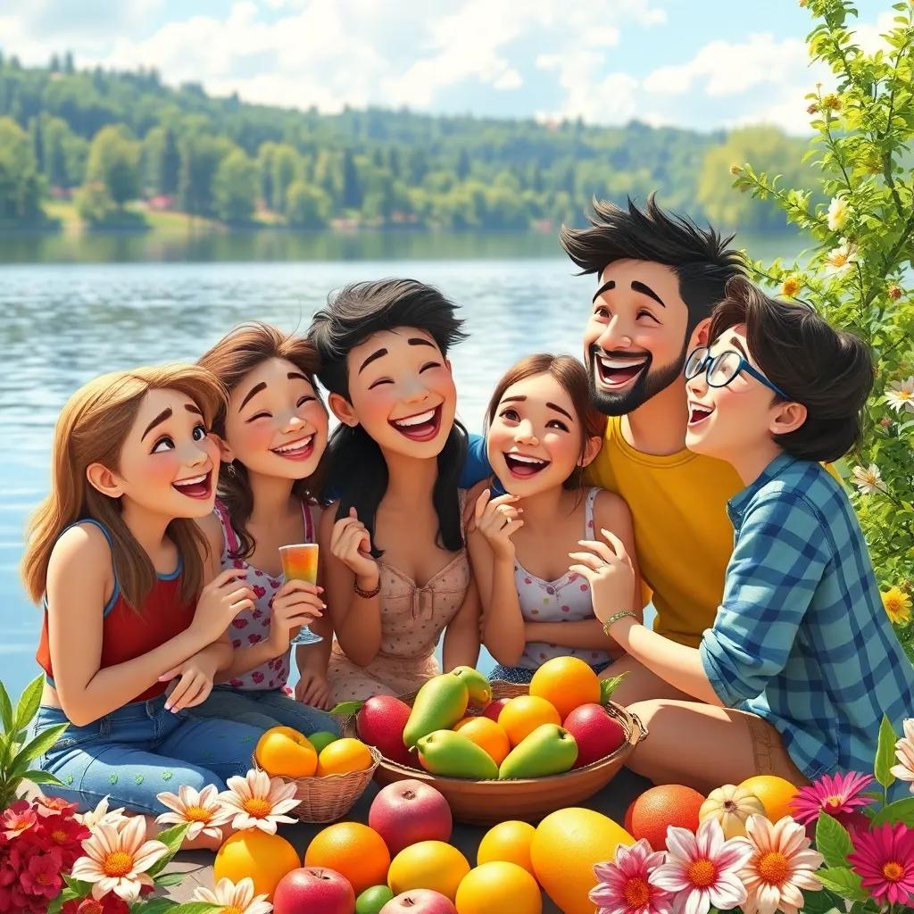 All friends celebrating together by the lake, happy faces and laughter, fruits and flowers around, festive and cheerful, bright daylight.