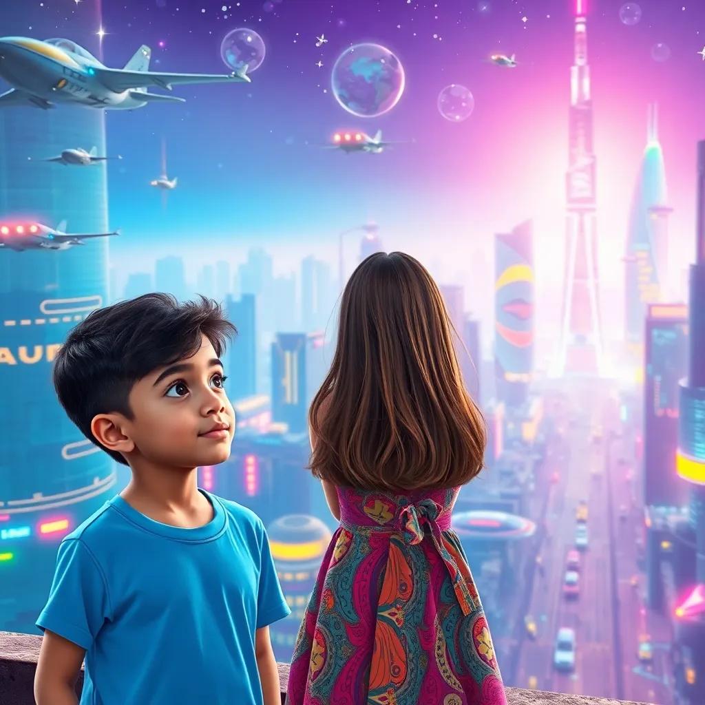 A young Arab boy, Ali, with short black hair wearing a bright blue t-shirt, standing with a young Arab girl, Sara, with long brown hair wearing a colorful dress, looking at a futuristic city with flying cars and bright lights, digital art, vibrant colors, magical atmosphere, high quality