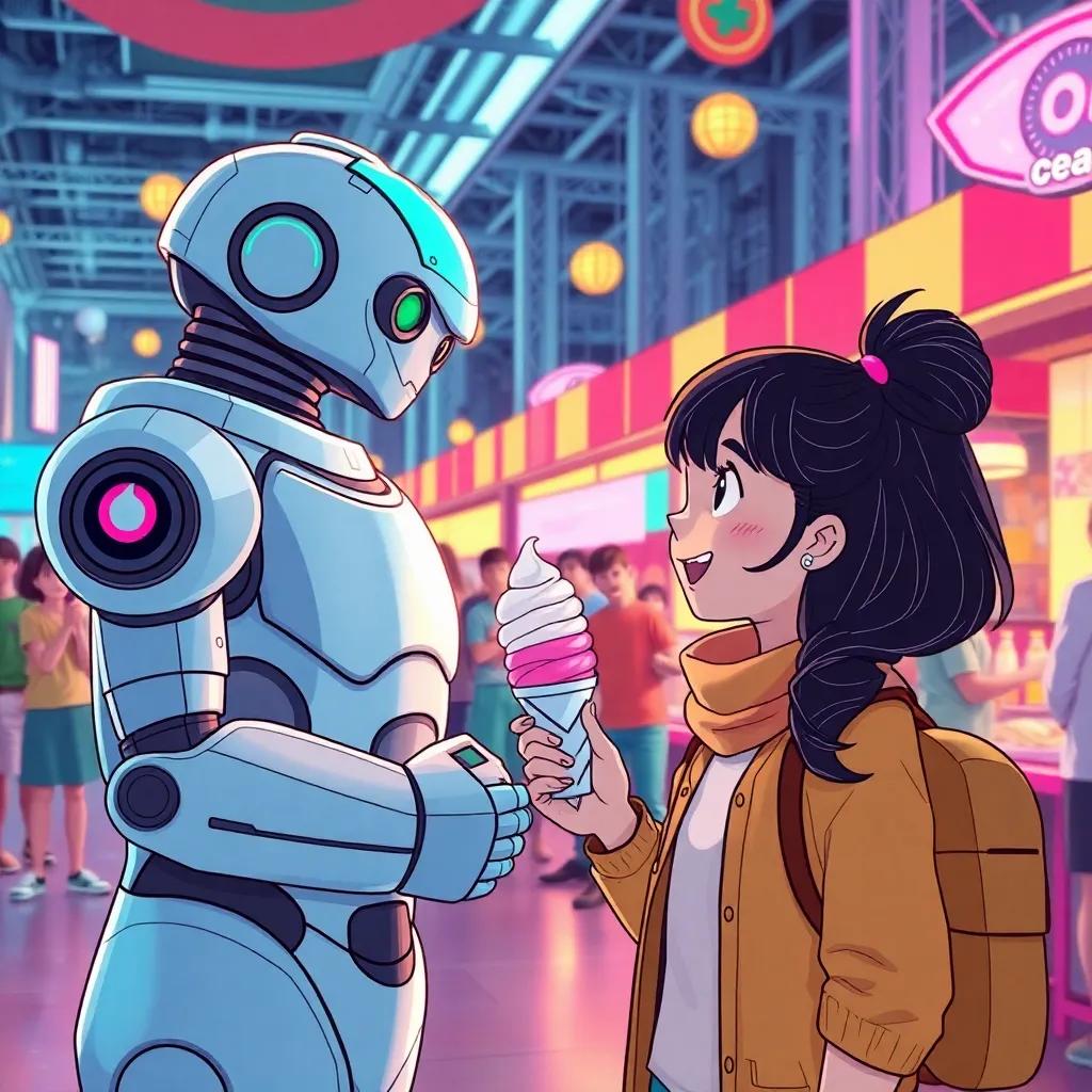 A futuristic scene where Ali and Sara are amazed by a robot selling ice cream, surrounded by colorful stalls and happy people, illustration, cheerful, adventurously themed, child-friendly