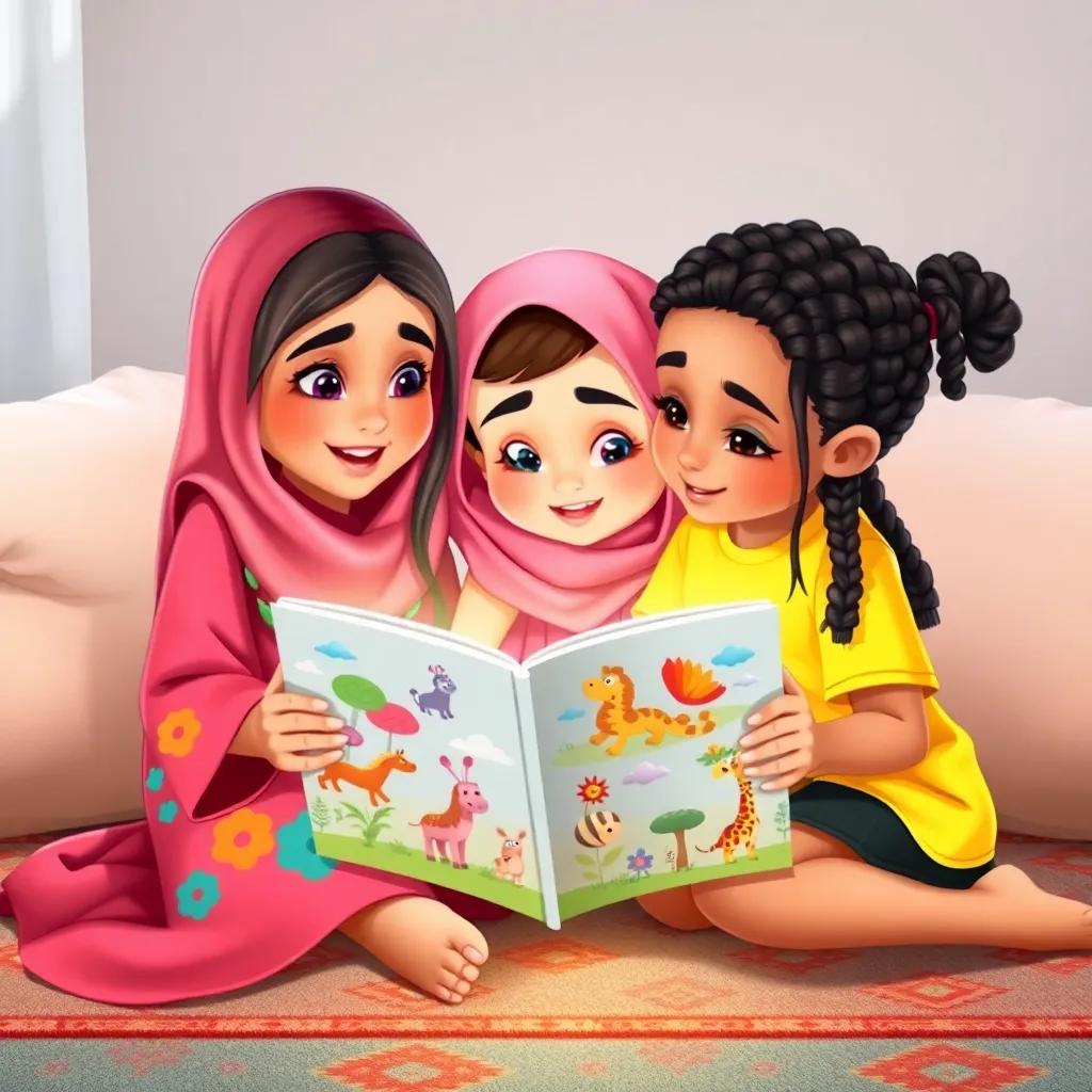 Noura, a young Arab girl with long, dark hair in a colorful abaya, Amaal, a young Arab girl with short, curly hair in a pink dress, and Leila, a young Arab girl with braided hair in a yellow t-shirt, excitedly looking at a book about animals with colorful illustrations, sitting on a cozy carpet surrounded by soft cushions, playful and engaging, illustration, bright colors, high quality