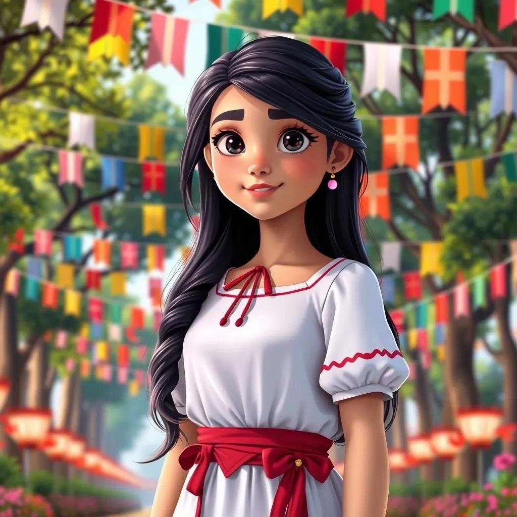 A young Middle Eastern girl, Fatima, with long dark hair wearing a white dress with red ribbons, standing in a beautiful park full of colorful flags, digital art, bright colors, festive atmosphere, high quality