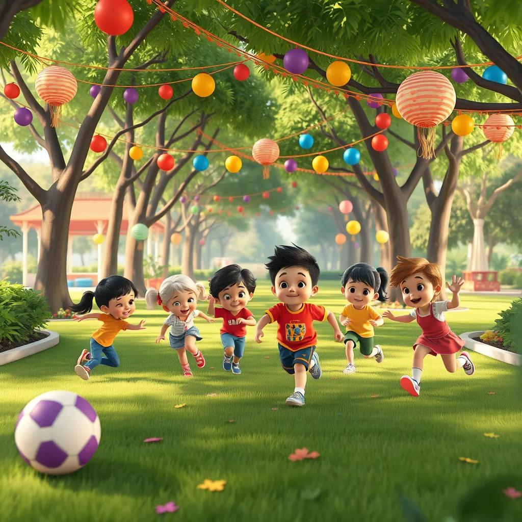 A scene of children playing games, running and playing ball in a park filled with colorful decorations, digital illustration, joyful and energetic, vibrant colors, high quality