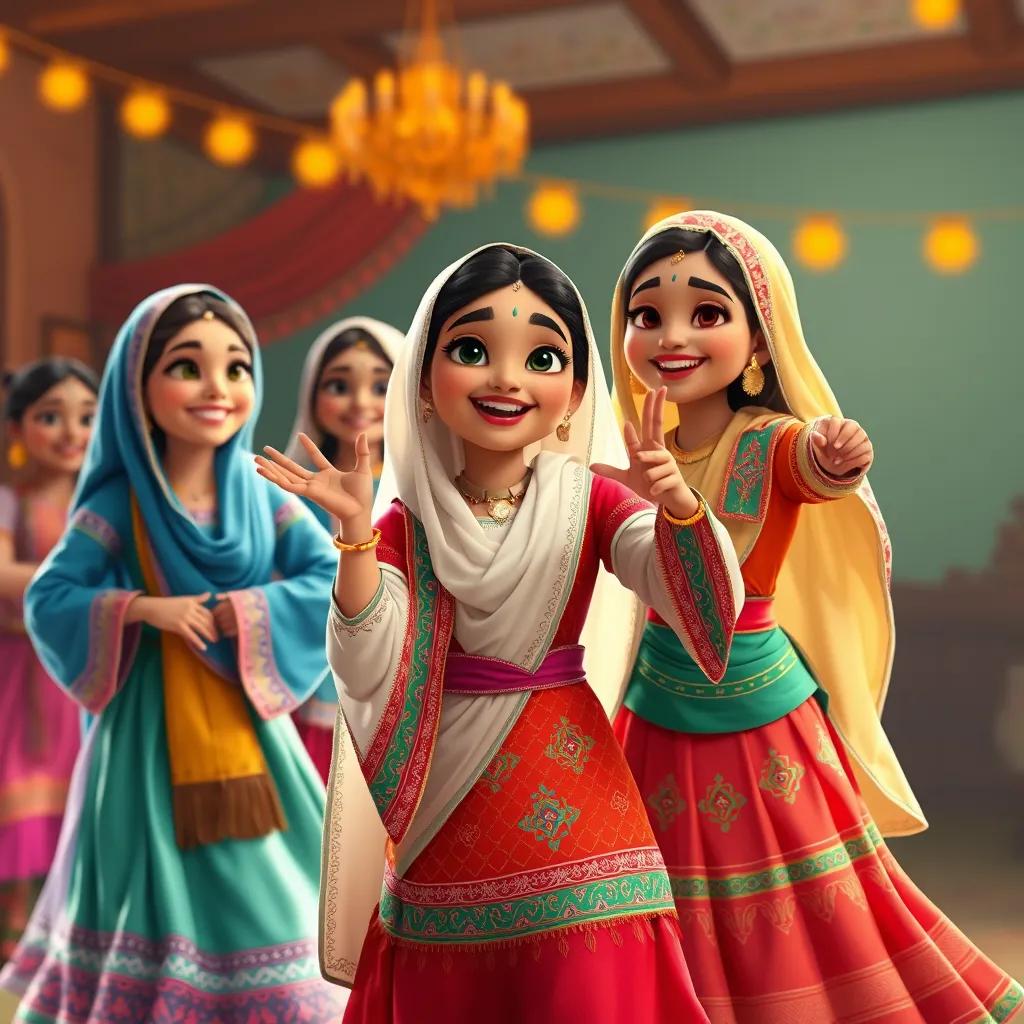 Fatima and her friends in traditional clothes performing a dance, smiling and enjoying. Colorful traditional costumes, a festive atmosphere, digital art, detailed, cheerful mood, high quality