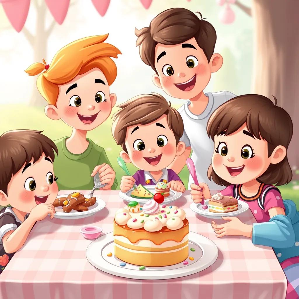 Children enjoying delicious food like sweets and cake at a picnic. Plates filled with colorful treats and smiling faces, cheerful, bright colors, digital illustration, high quality