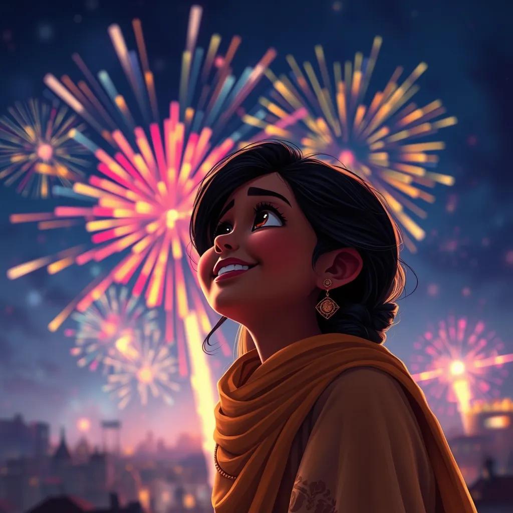 Fatima watching fireworks light up the night sky. Sparkling colors exploding in the background, her joyful expression visible, digital painting, vibrant colors, magical atmosphere, high quality