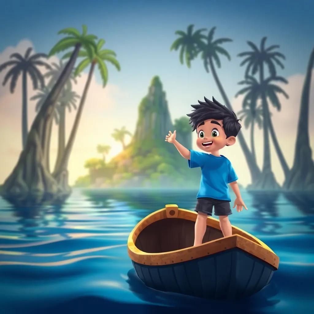 A brave boy, Sami, with short black hair and wearing a blue t-shirt and shorts, standing on a small boat, excitedly looking towards the mysterious island with tall trees and dark shadows, digital art, vibrant colors, cheerful atmosphere, high quality