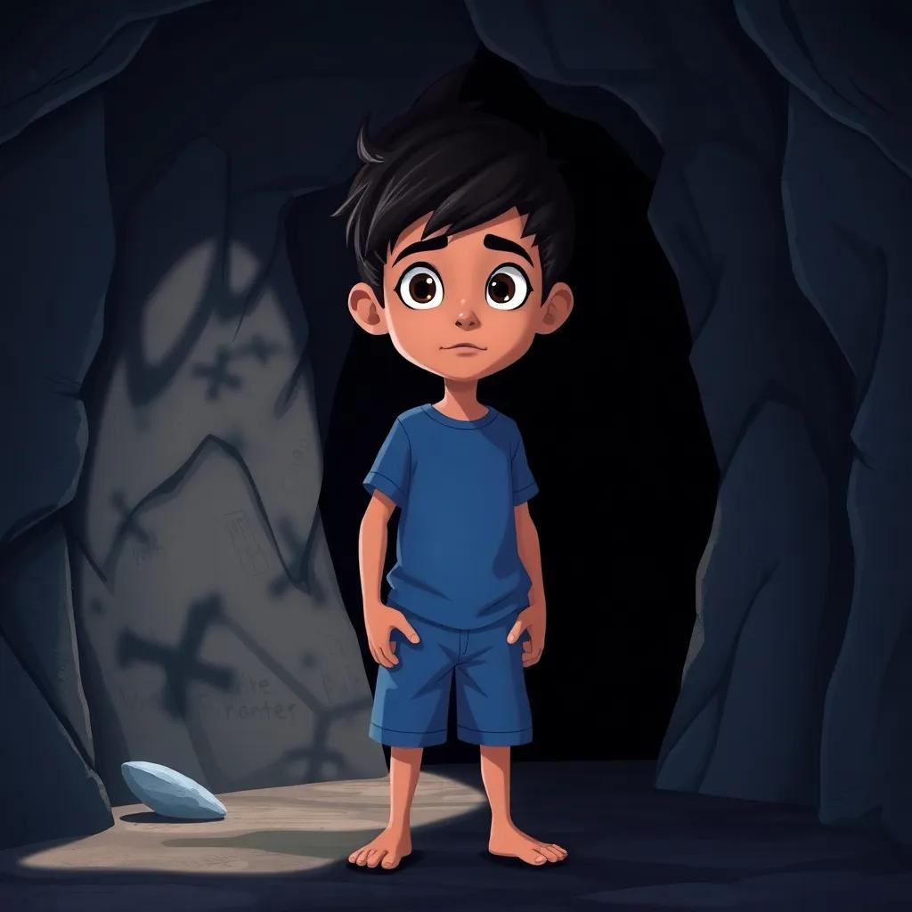 Sami, a brave boy with short black hair wearing a blue t-shirt and shorts, standing at the entrance of a dark cave, looking cautious yet determined, eerie shadows dancing on the walls, illustration, suspenseful mood, adventure-themed, high quality