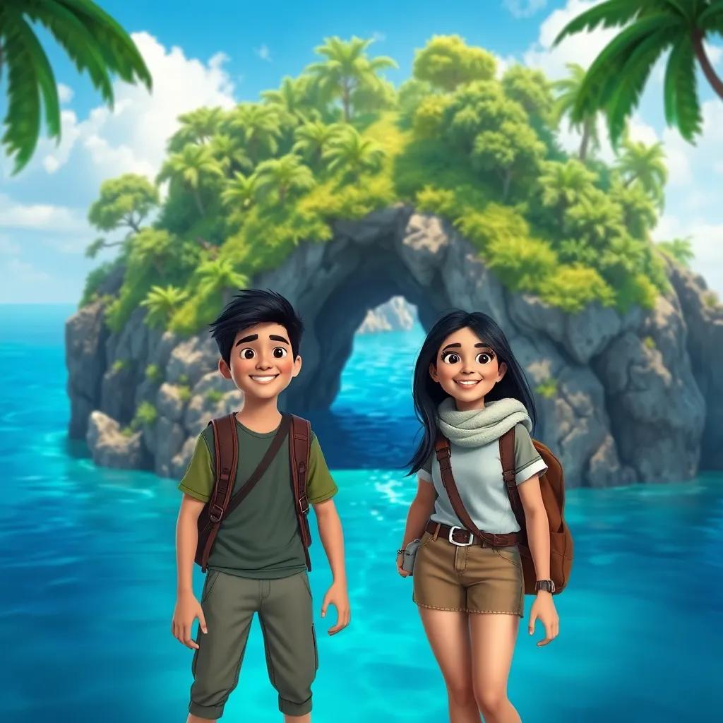 A beautiful island with green trees and a glistening blue sea, Mihad and Fatima, two adventurous young adults with dark hair, wearing casual explorer outfits, standing excitedly in front of a mysterious cave entrance, digital art, vibrant colors, inviting atmosphere, high quality