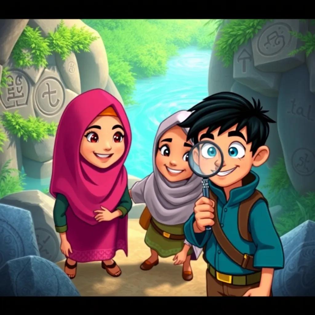 Mihad, Fatima and Conan, a detective with a magnifying glass, smiling as they explore the island with ancient markings on stones and lush greenery, looking curious and determined, cheerful adventure theme, child-friendly.