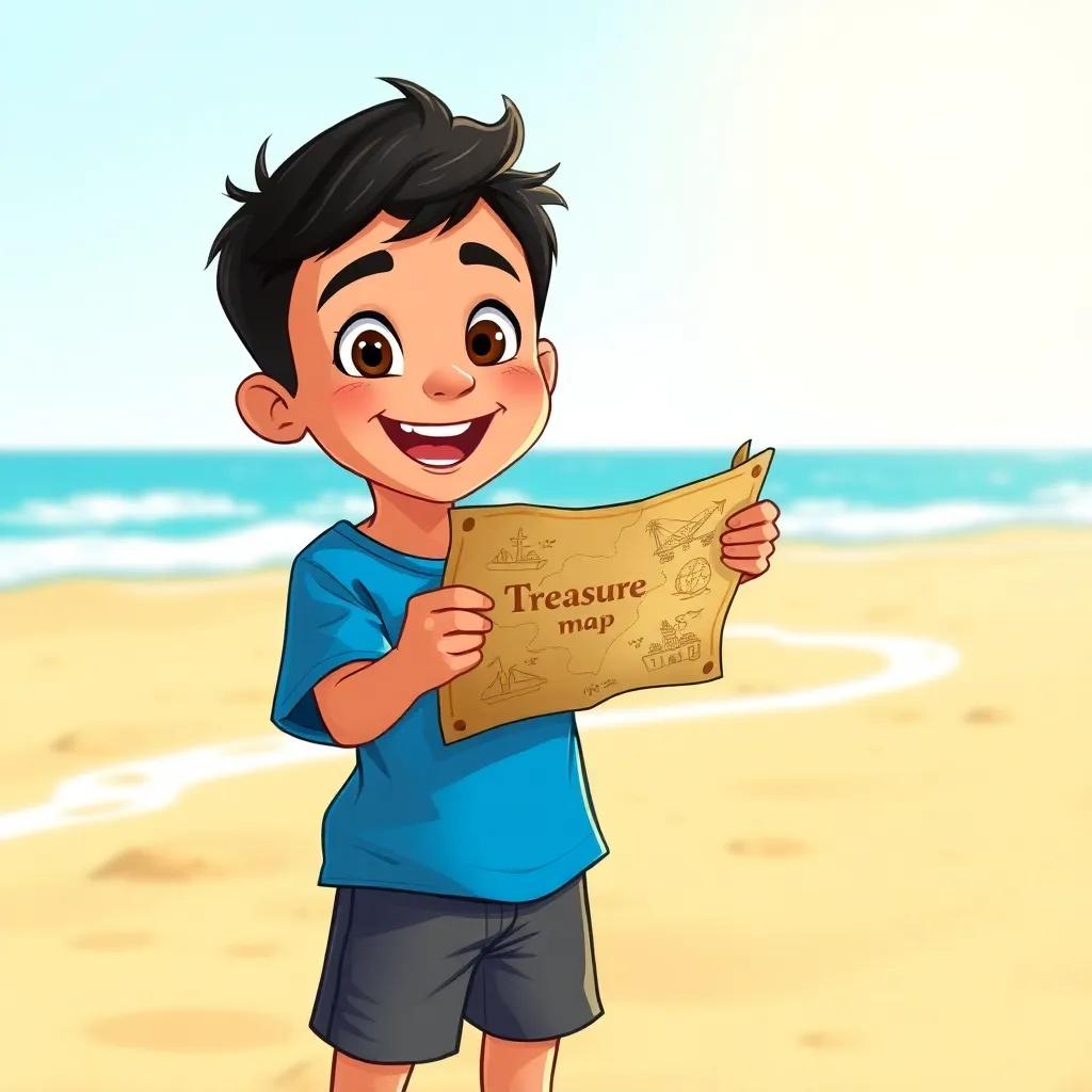 A young Arab boy, Adel, with short black hair and wearing a blue T-shirt and shorts, excitedly holding an old treasure map while standing on a sunny beach with golden sands, bright daylight, cheerful atmosphere, digital art, detailed, vibrant colors, joyful scene, high quality