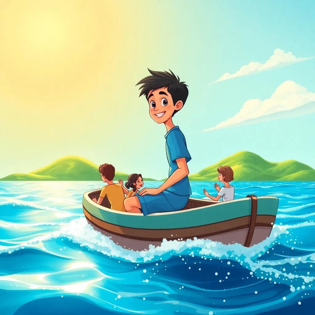 A young Arab boy, Adel, with short black hair in a blue T-shirt and shorts, sailing on a small boat with his friends under a sunny sky, surrounded by sparkling turquoise waters and lush green land in the distance, illustration, adventure-themed, bright colors, high quality