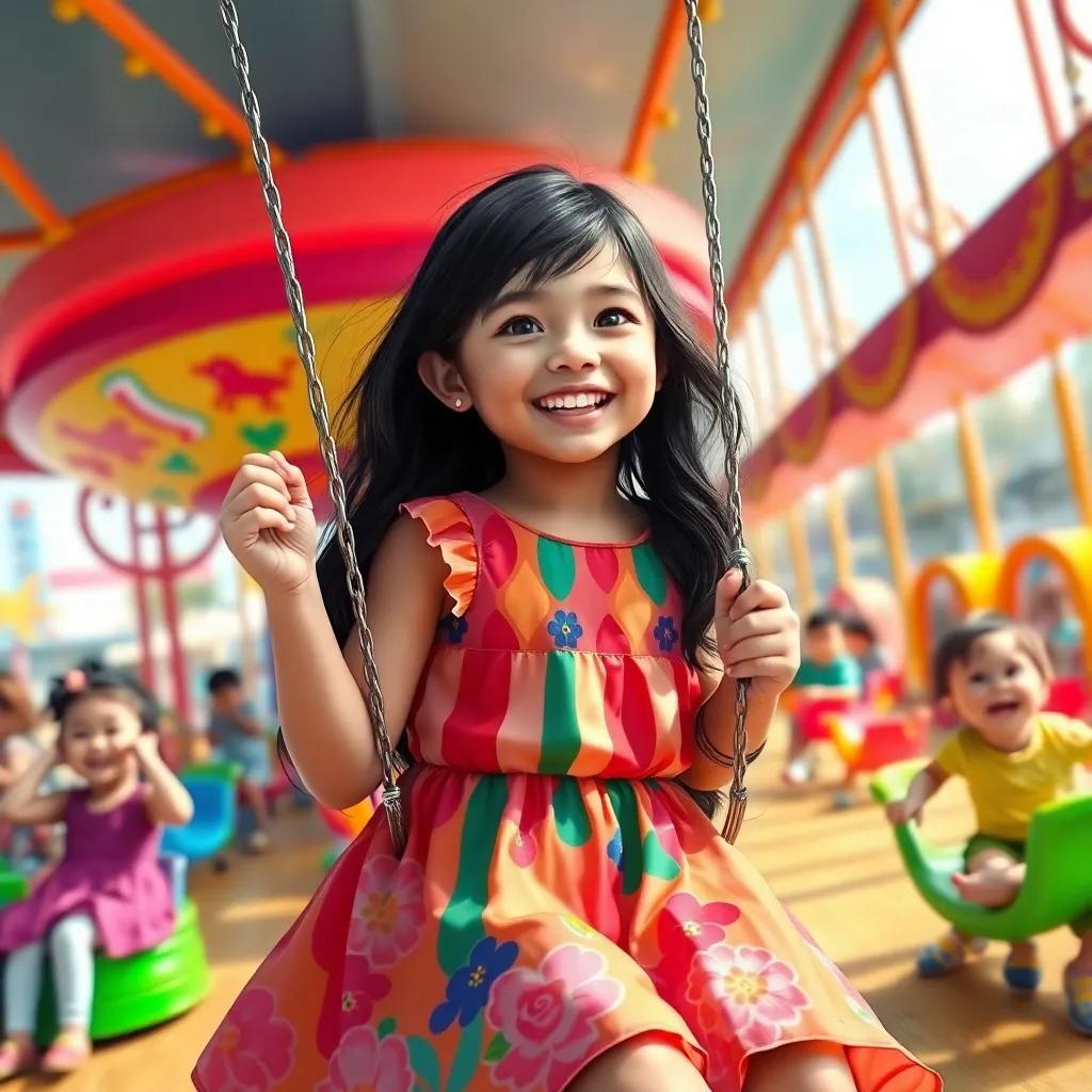 A young girl, Leila, with long dark hair and wearing a colorful dress, swinging joyfully in a bright playground surrounded by colorful rides and laughing children, digital art, vibrant colors, cheerful atmosphere, high quality