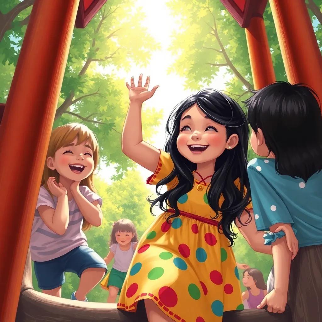 Leila, a young girl with long dark hair in a colorful dress, climbing a play structure with her friends, laughter and joy in the air, bright sunlight filtering through the trees, illustration, lively, engaging scene, child-friendly