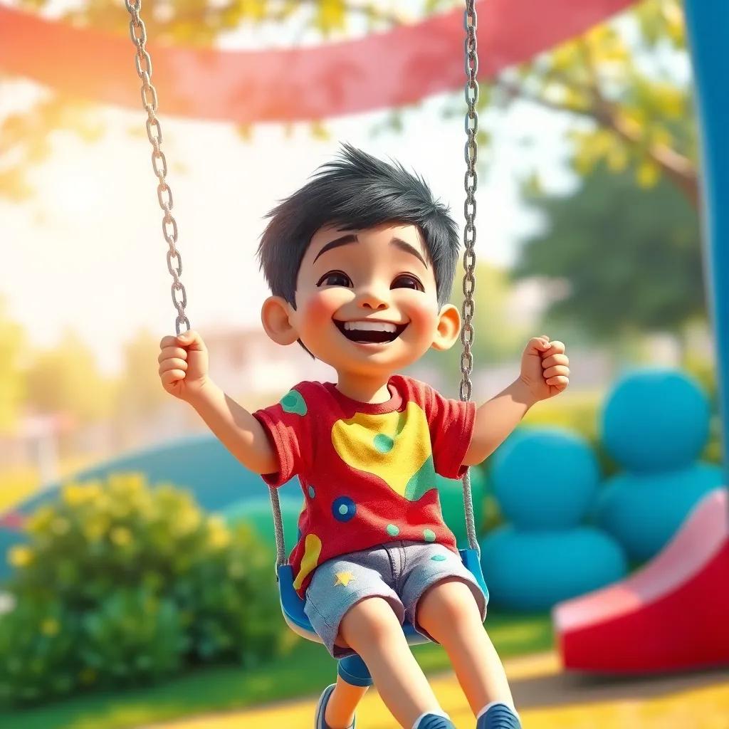 A young Arab boy, Sami, with short black hair, wearing a colorful t-shirt and shorts, laughing and swinging on a swing in a vibrant park, sunny day, cheerful atmosphere, child-friendly, digital art, high quality