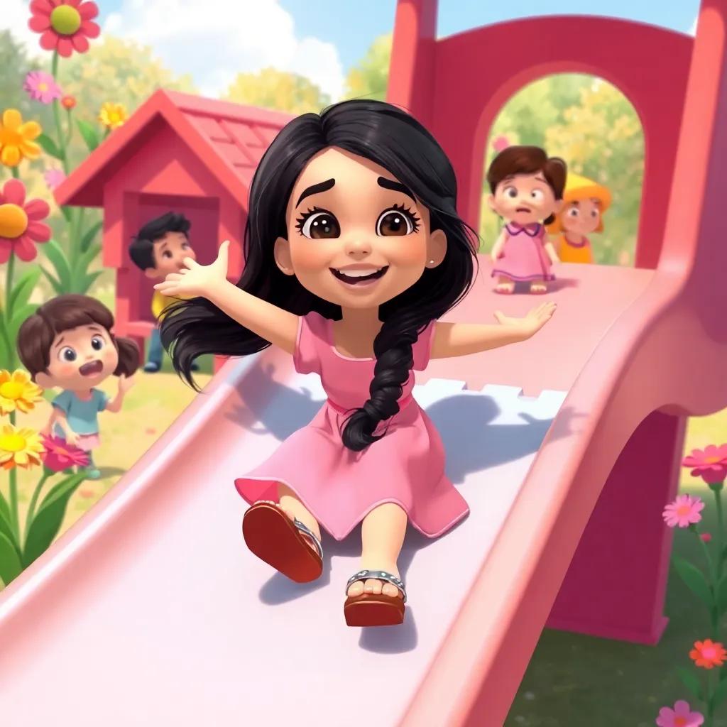 A young Arab girl, Dua, with long dark hair, wearing a pink dress and sandals, sliding happily down a slide, surrounded by colorful flowers and playful children, lively environment, joyful expressions, illustration, playful theme, young audience