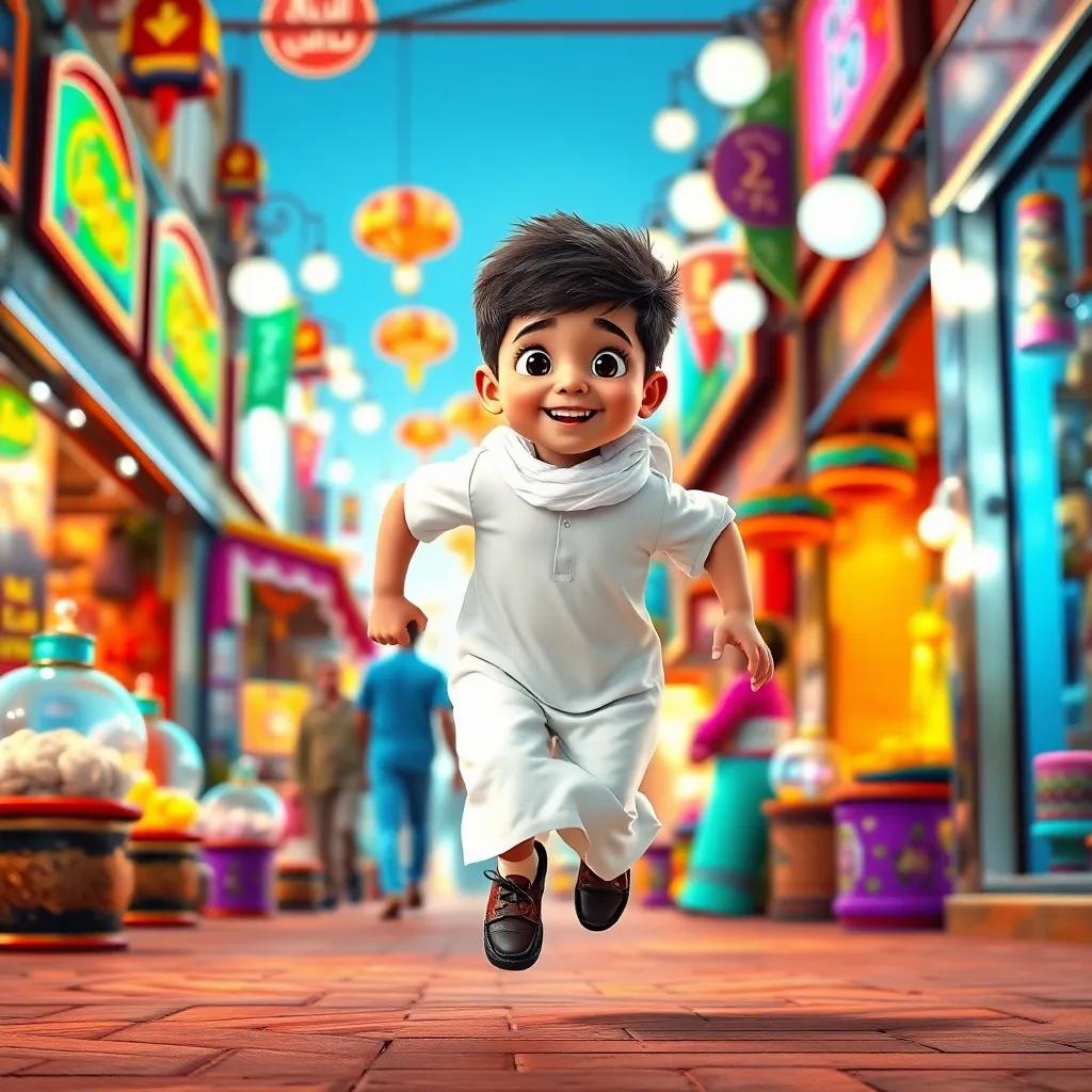 A young Kuwaiti boy, Ali, wearing a white dishdasha, running excitedly in the bustling Souq Al-Mubarakiya, vibrant atmosphere with colorful shops, digital art, lively colors, cheerful, high quality