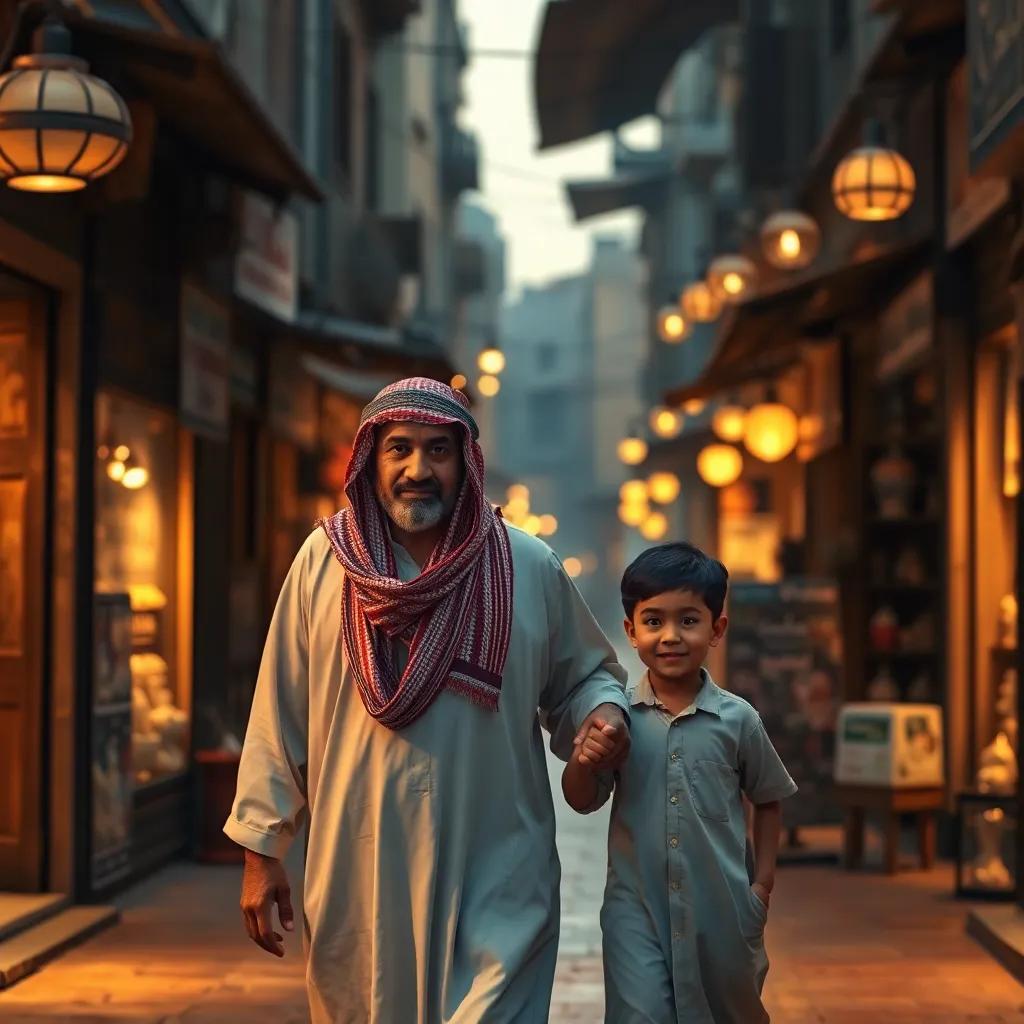 A Kuwaiti father, wearing a traditional dishdasha, walking with his son, Ali, in Souq Al-Mubarakiya, surrounded by old shops and alleys, heartfelt scene, warm light, inviting ambiance, high detail