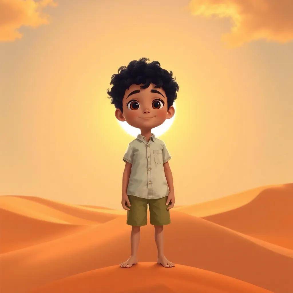 A young boy, Sami, with curly black hair, wearing a simple shirt and shorts, standing on tall sand dunes with a bright sun in the sky, digital art, vibrant colors, adventurous vibe, high quality