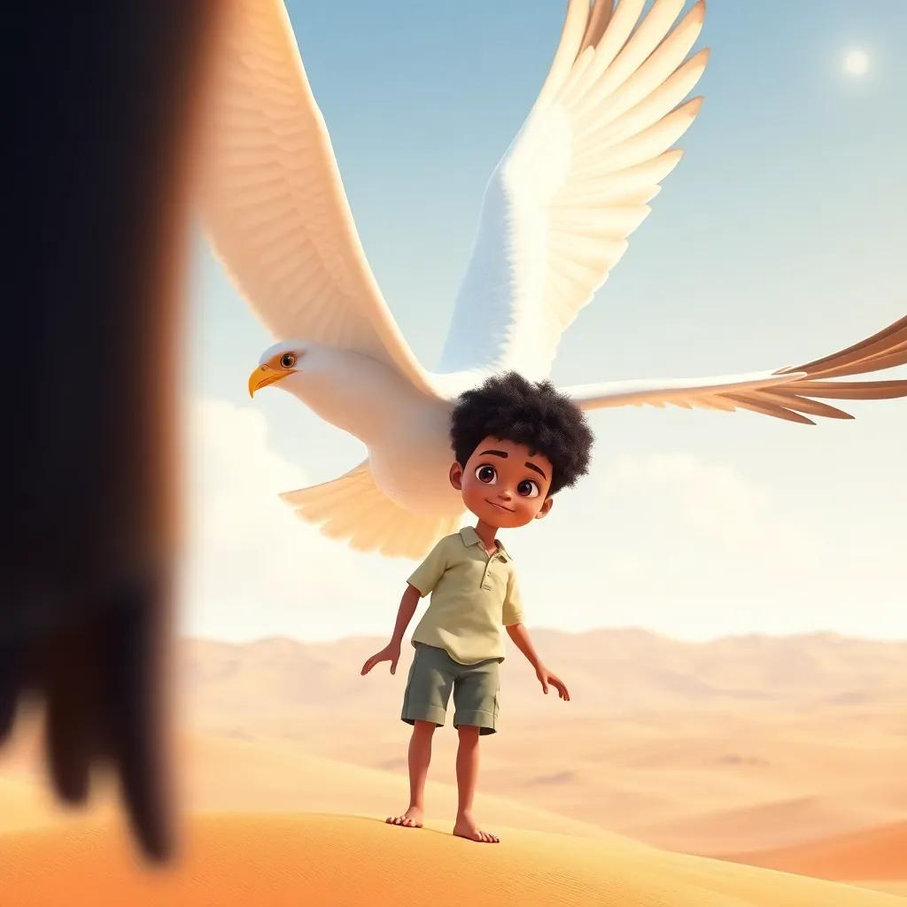 A majestic bird soaring over Sami, a young boy with curly black hair in a simple shirt and shorts, surrounded by vast desert sands, digital art, cheerful atmosphere, bright and colorful, high quality