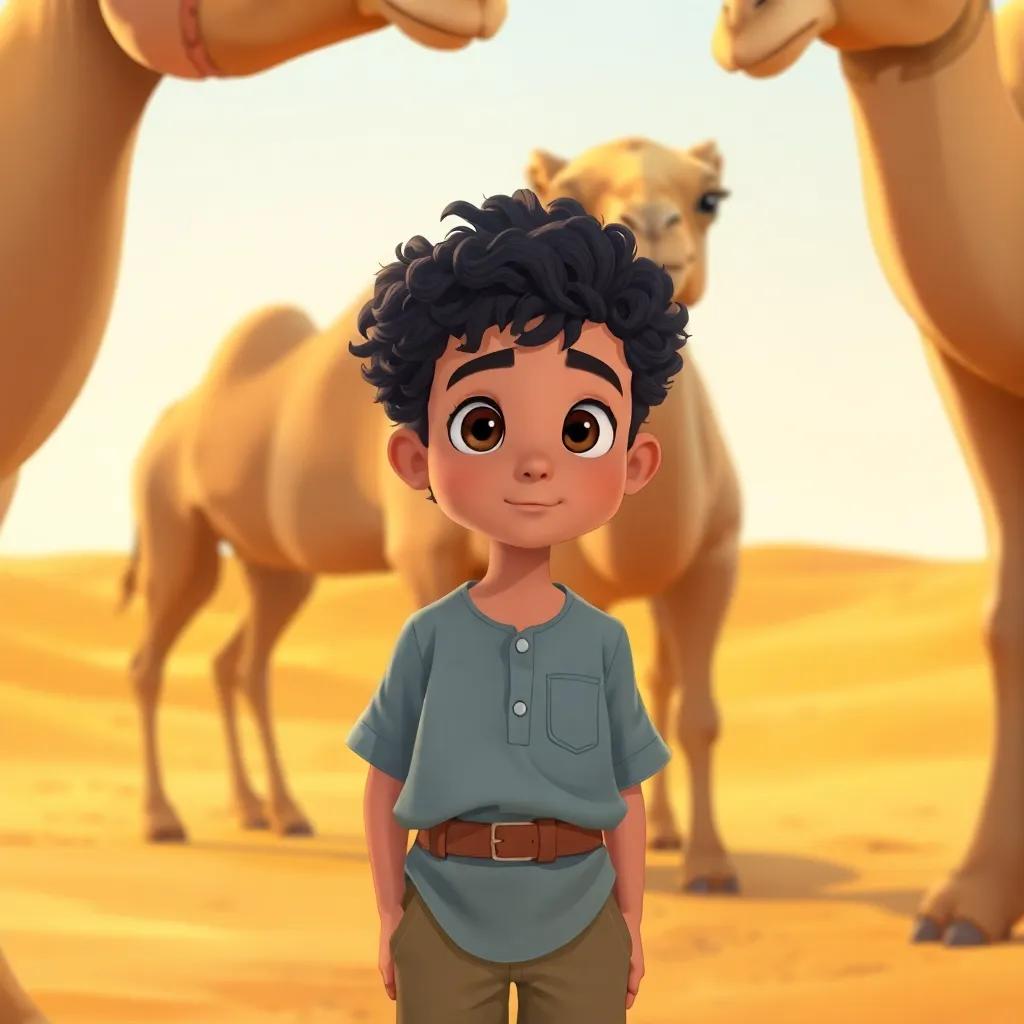 Sami, a young boy with curly black hair in a simple shirt and shorts, standing next to tall camels, asking questions in the golden sands of the desert, illustration, warm colors, engaging feel, high quality