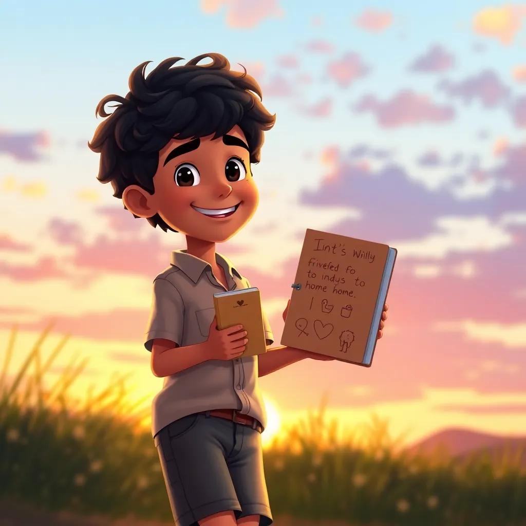 Sami, a young boy with curly black hair in a simple shirt and shorts, walking home at sunset, holding a small notebook filled with ideas, smiling and feeling happy, colorful sunset in the background, heartwarming scene, high quality