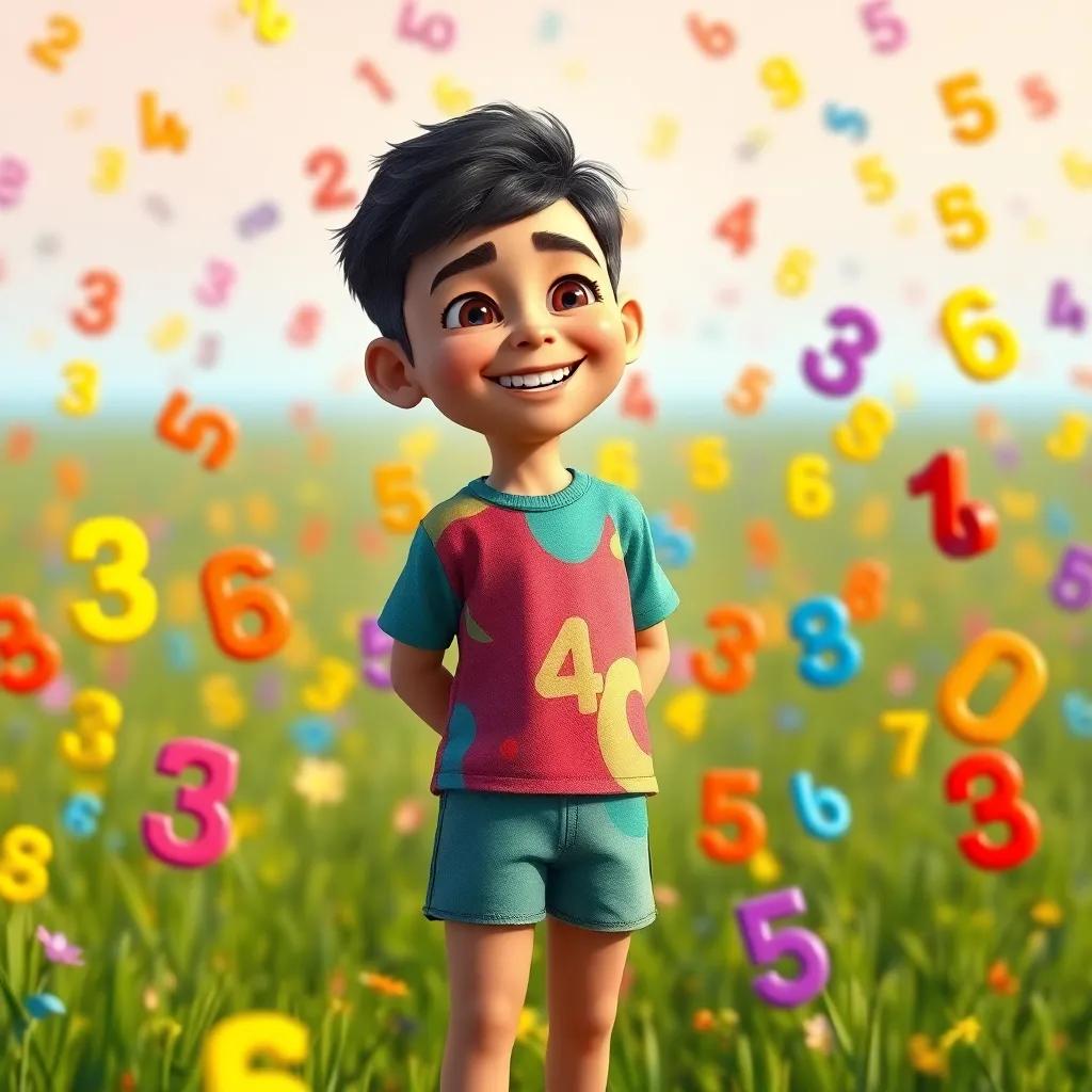 A young Arab boy, Sami, with short black hair, wearing a colorful t-shirt and shorts, standing in a field full of colorful numbers that are dancing around him, joyful atmosphere, digital art, vibrant colors, cheerful