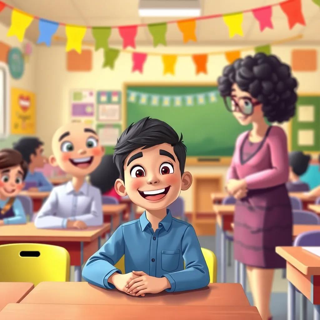 A classroom filled with colorful banners and desks, a young Arab boy, Karim, with short black hair and a bright smile, sitting excitedly, with a teacher, Leila, a woman with curly black hair and glasses, standing in front of a chalkboard, illustration, cheerful, vibrant atmosphere, high quality
