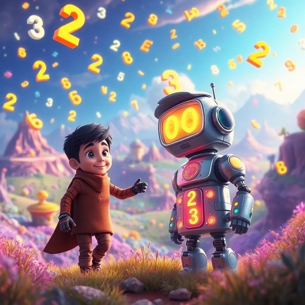 A magical digital world filled with numbers floating around, Karim, a young Arab boy with short black hair, exploring alongside Number Robot, a friendly robot with bright numbers on its body, with colorful landscapes in the background, fantasy art, magical, high quality