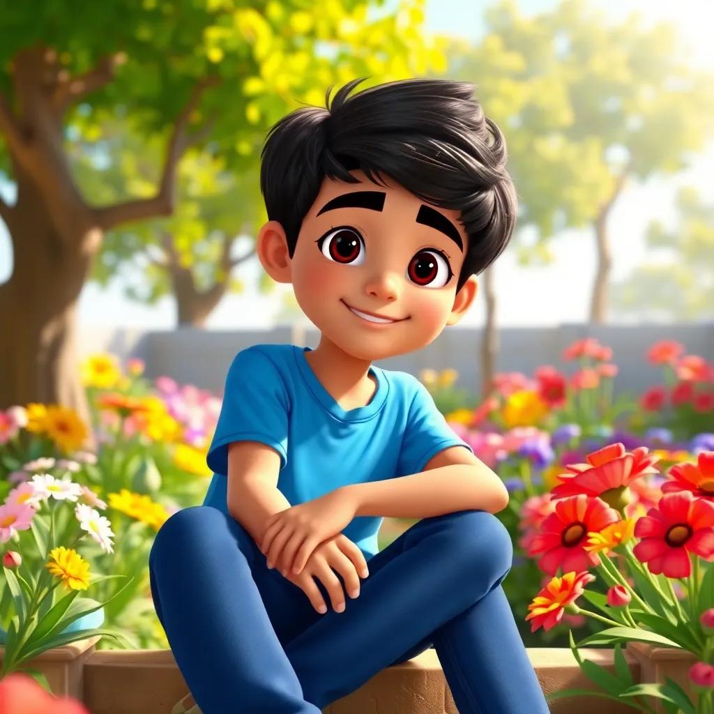 A boy named Ali, a young Arab boy with dark hair, wearing a blue t-shirt and jeans, sitting in a colorful garden with flowers and trees, animated scene, cheerful, bright sunlight, inviting atmosphere, digital art, high quality