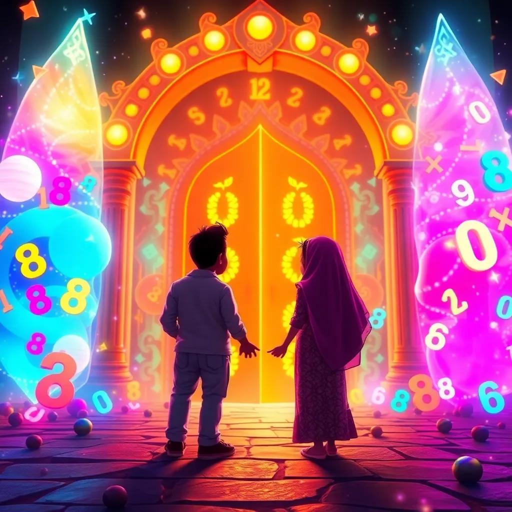 A magical gate glowing in front of Ali and Leila, surrounded by colorful shapes and numbers, bright and enchanting, fantasy scene, vibrant colors, high detail, magical ambiance