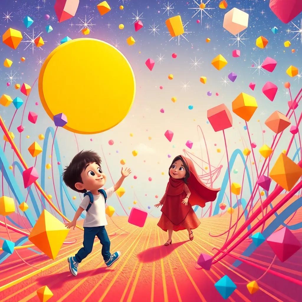 A vibrant world filled with straight lines and points, Ali and Leila exploring, various shapes flying around, digital art, colorful, joyful atmosphere, high quality