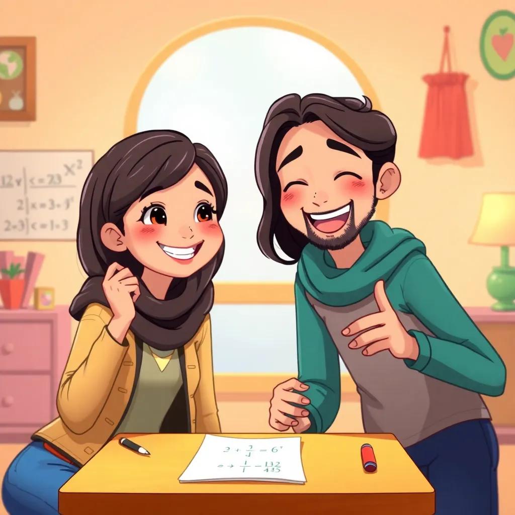 Ali and Leila in a playful setting with the linear function, solving equations together, joy on their faces, warm colors, cartoonish style, high detail