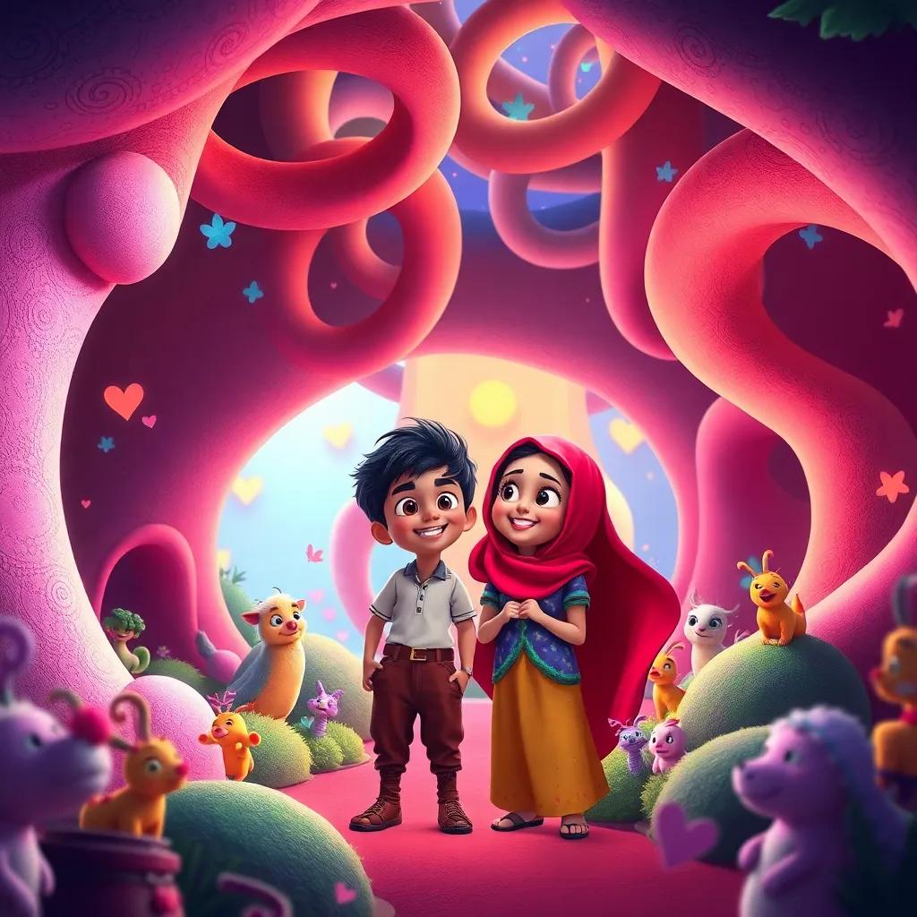 A whimsical area with curvy shapes and intertwining circles, Ali and Leila looking amazed, magical creatures around them, vibrant fantasy, bright colors, joyful atmosphere, high quality