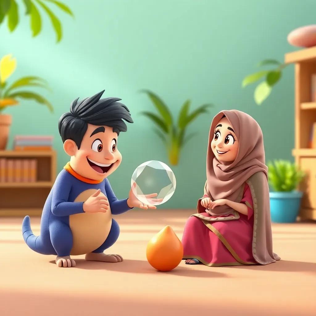 Animated creature explaining complex shapes to Ali and Leila, engaging discussion, bright colors, cheerful expressions, informal learning atmosphere, high quality